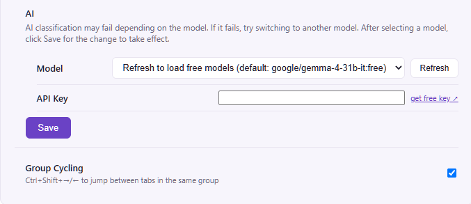 Settings showing AI model and API key configuration.